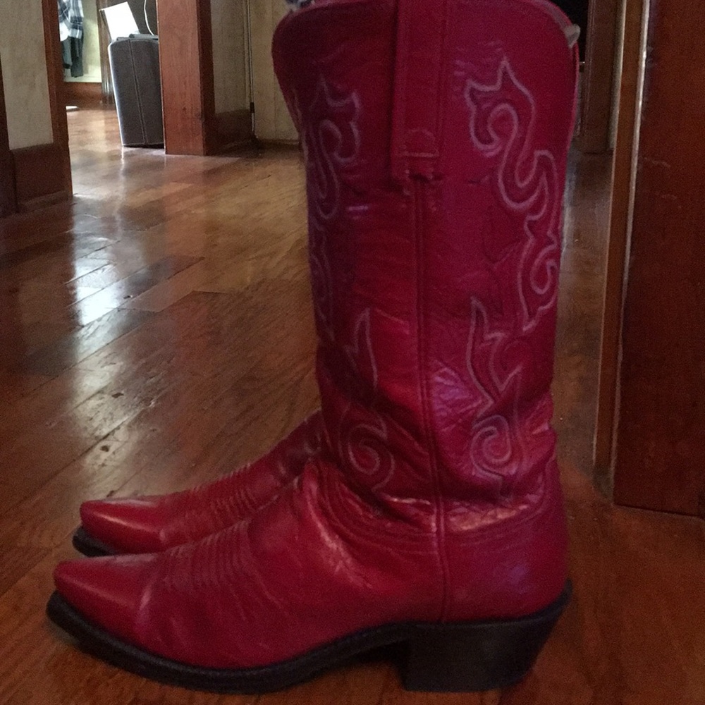 Lucchese red cowboy boots.